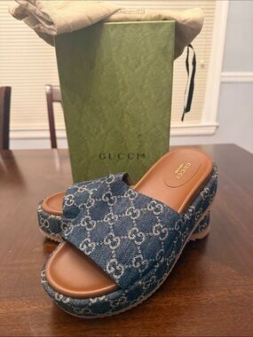Gucci Denim GG Jacquard Platform Slides in Blue and Brown